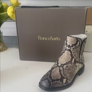Franco Sarto Snake Print Ankle Boot in Beige and Black